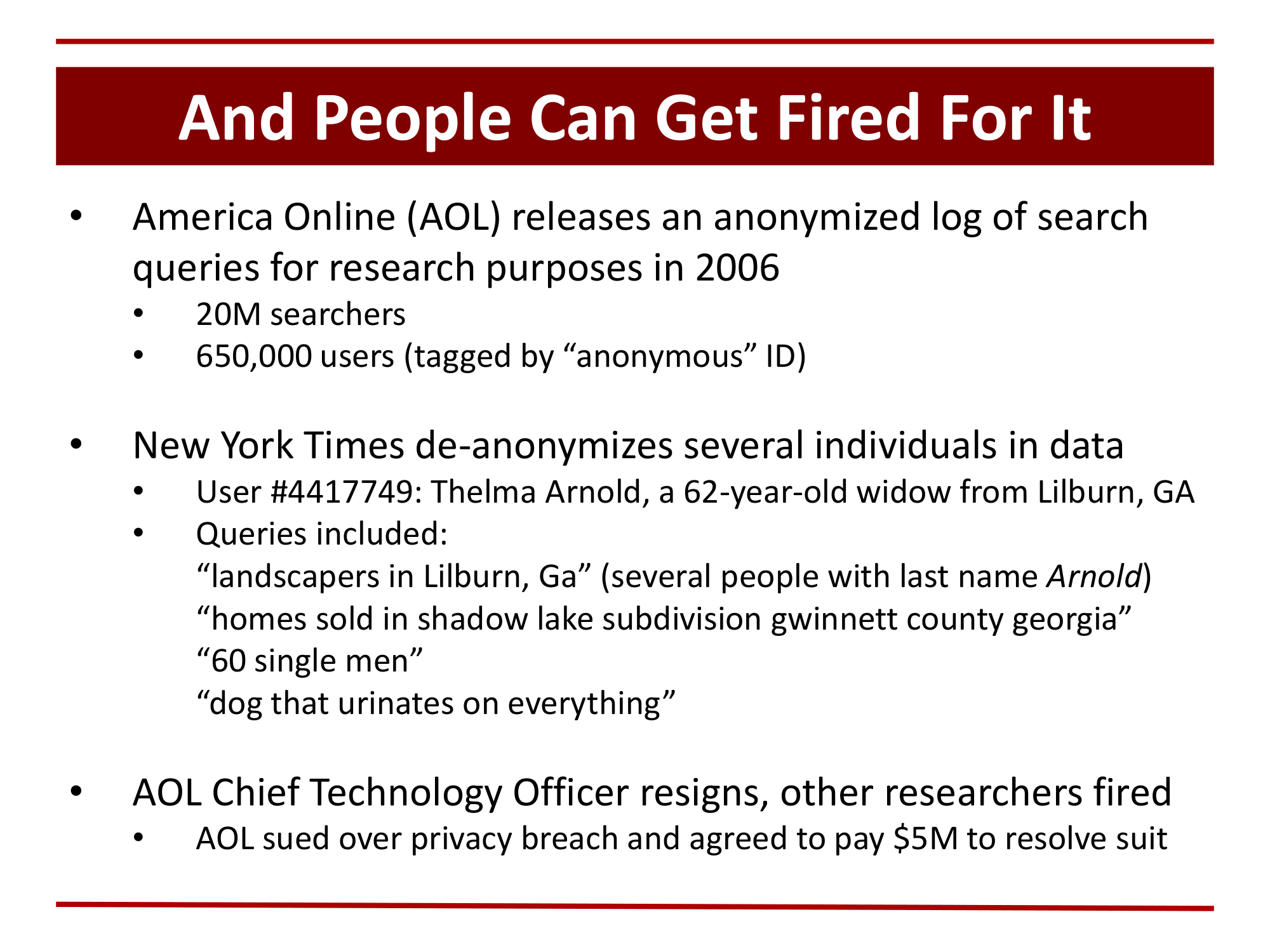 Before: Original slide 11 — dense paragraph-style bullets about AOL incident