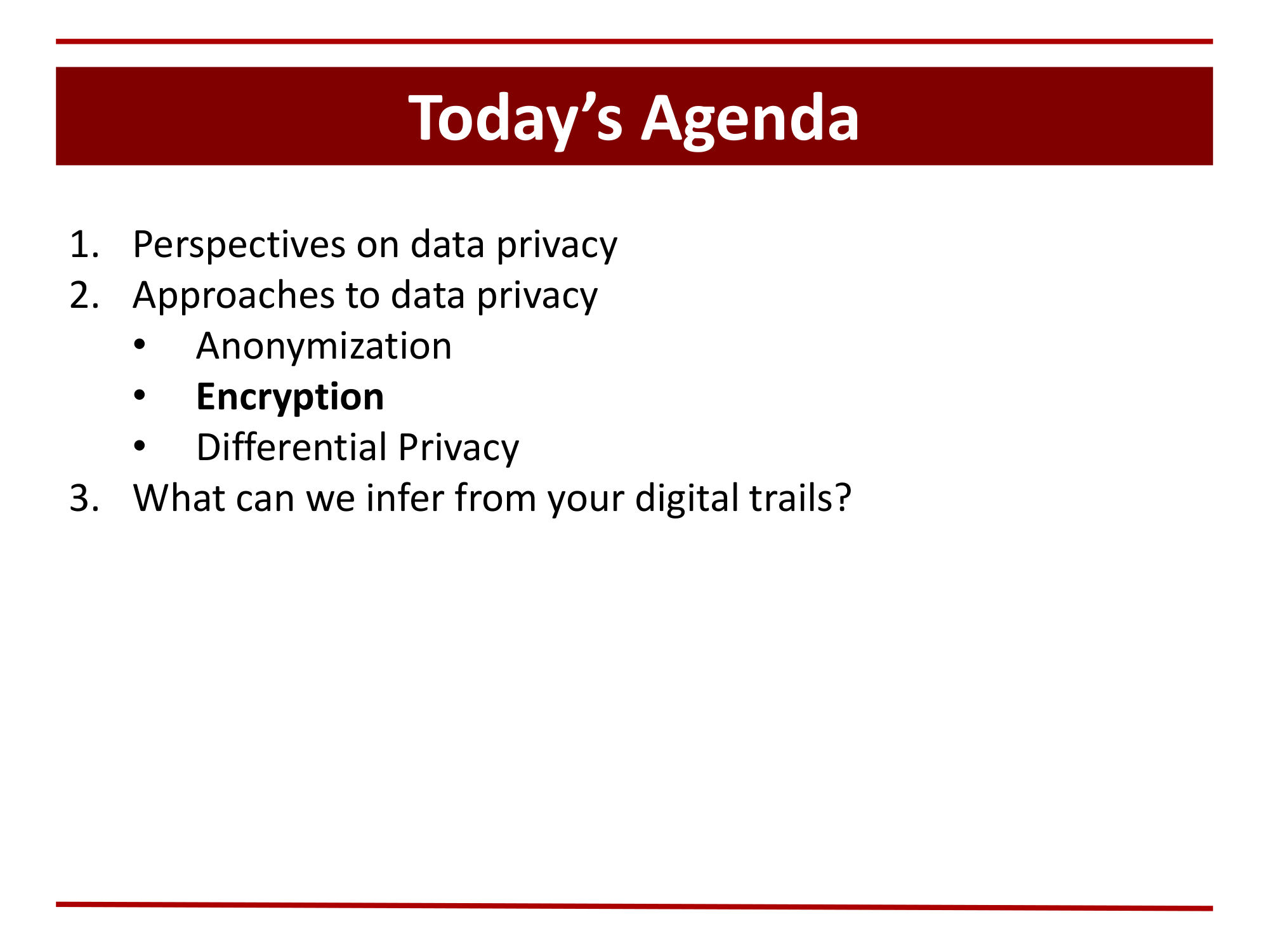 Before: Original slide 12 — same agenda template, bold on Encryption