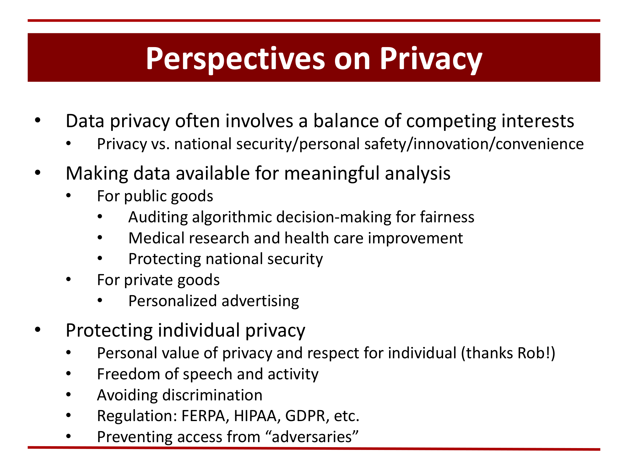 Before: Original slide 4 — dense nested bullets covering multiple privacy perspectives