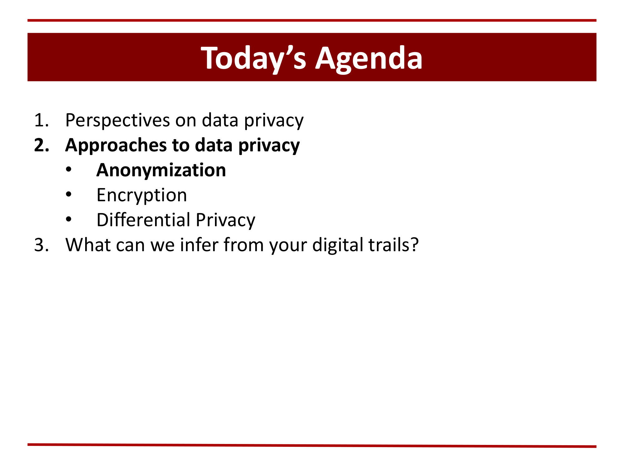 Before: Original slide 5 — same agenda, bold highlighting for current section