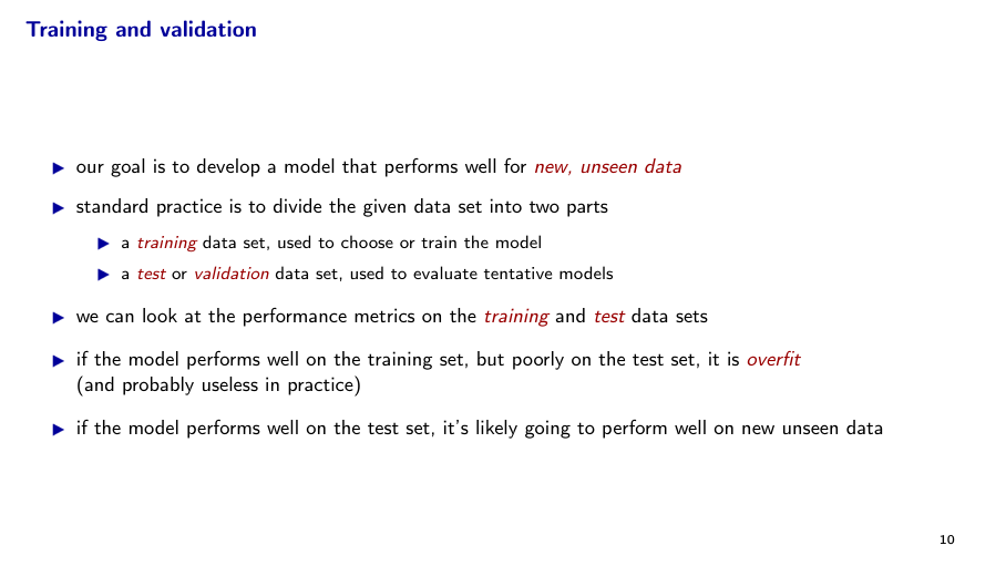 Before: Original slide 10 — prose bullets on training and validation